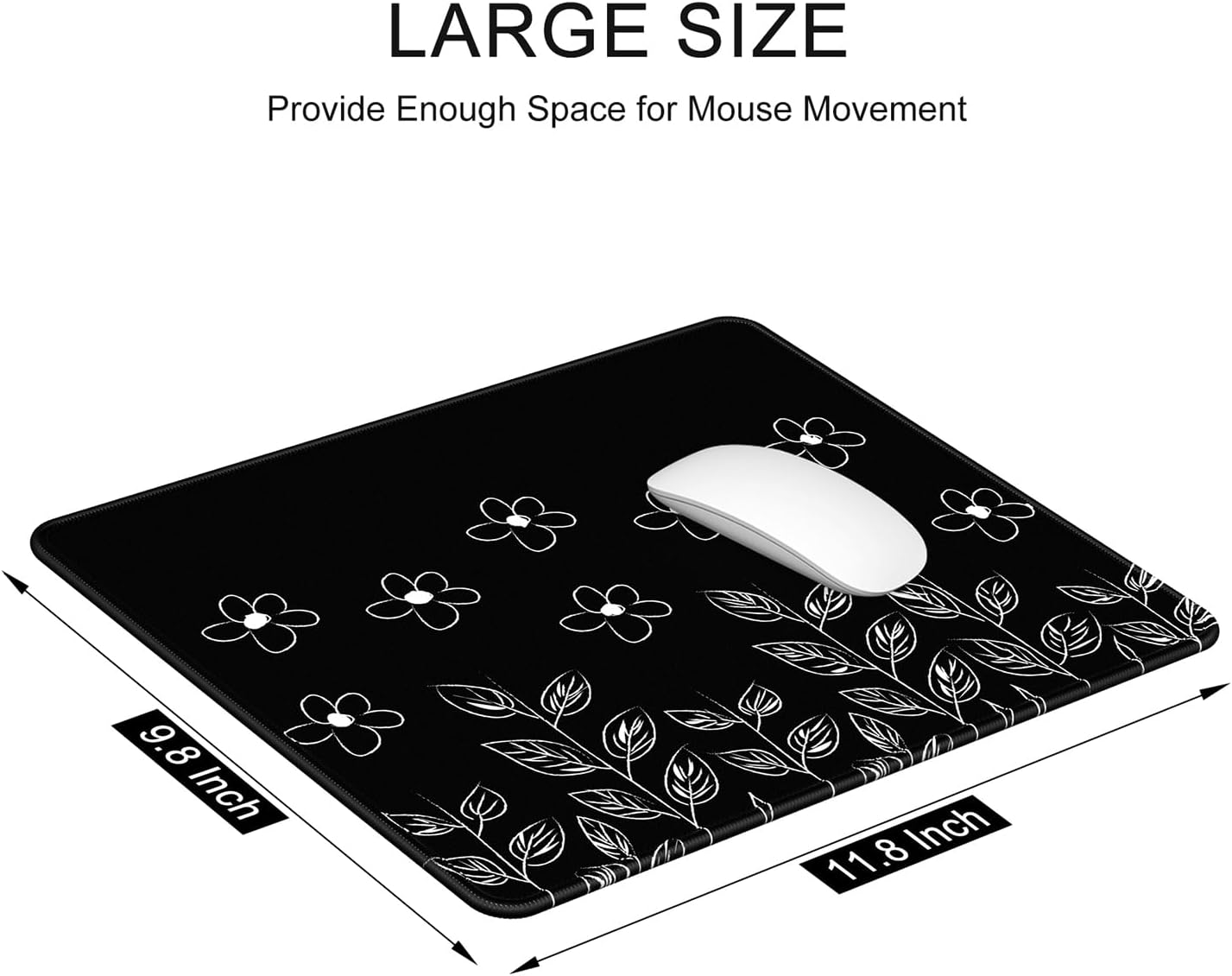 Mouse Pad, 12 X 10 in Flower Theme Computer Mouse Pad for Desk, Premium-Textured Non-Slip Rubber Stitched Edges Waterproof Square Mouse Mat for Gaming Work Wireless Mice, Black - Image 3